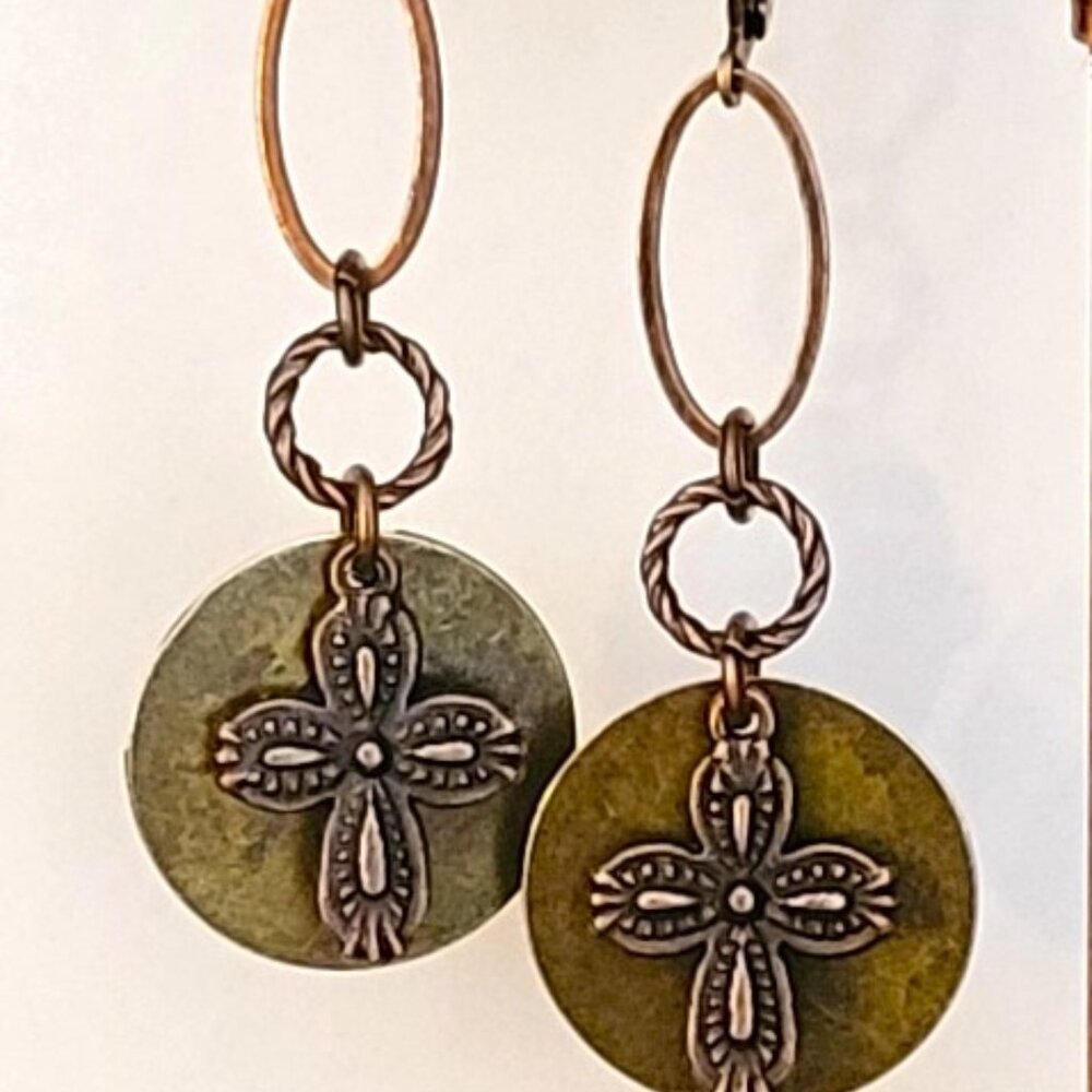 Beautiful Copper Bronze CROSS Charm Coin Lever Back Earrings Faith, Hope, Love - Picture 8 of 8